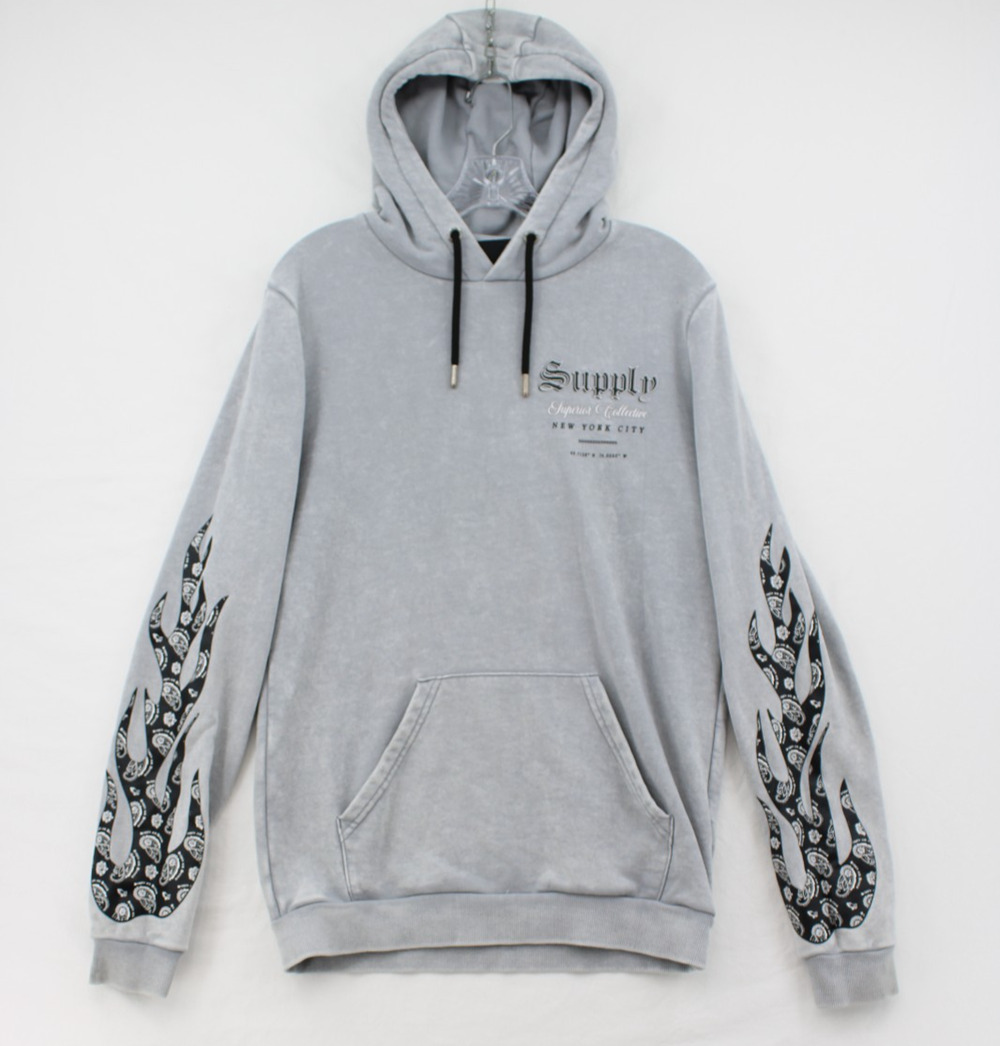 SUPPLY & DEMAND Hoodie Mens Small Gray Pullover Hooded Graphic Fleece Drawstring